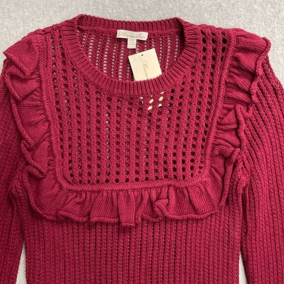 Minnie Rose Sweater Womens Medium Red Open Knit Ruffles Long Sleeve Cotton - Picture 2 of 12